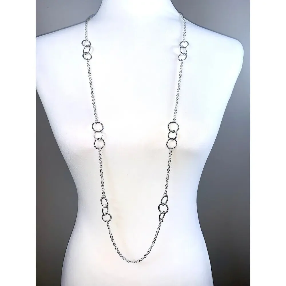 Banana Republic Hammered Silver Interlocking Rings Long Statement Necklace